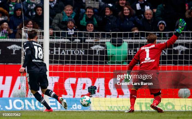 Josip Drmic of Moenchengladbach scores his teams first goal during the Bundesliga match between Borussia Moenchengladbach and TSG 1899 Hoffenheim at...