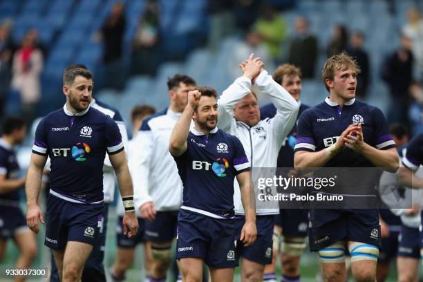 Greig Laidlaw with his teammates of Scotland celebrates the victory after the NatWest Six Nations match between Italy and Scotland at Stadio Olimpico...