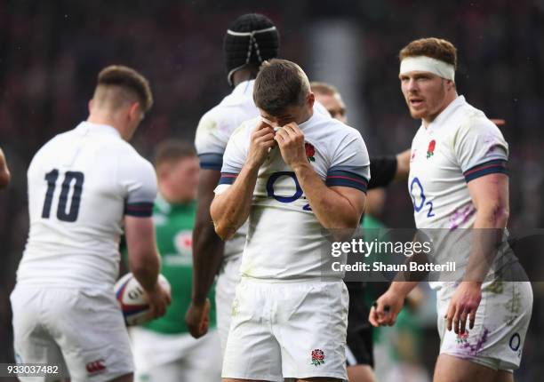Richard Wigglesworth of England reacts during the NatWest Six Nations match between England and Ireland at Twickenham Stadium on March 17, 2018 in...