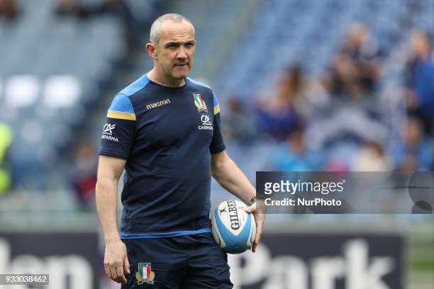 Conor O'Shea Head Coach of Italyduring the Six Nations 2018 match between Italy and Scotland at Olympic Stadium on March 17, 2018 in Rome, Italy.