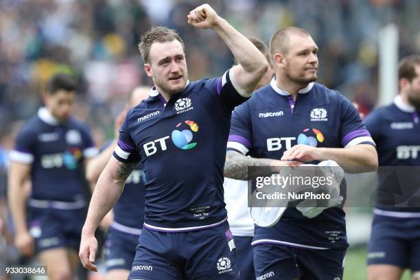 Stuart Hogg of Scotland celebrate the victory of the match of Six Nations 2018 match between Italy and Scotland at Olympic Stadium on March 17, 2018...