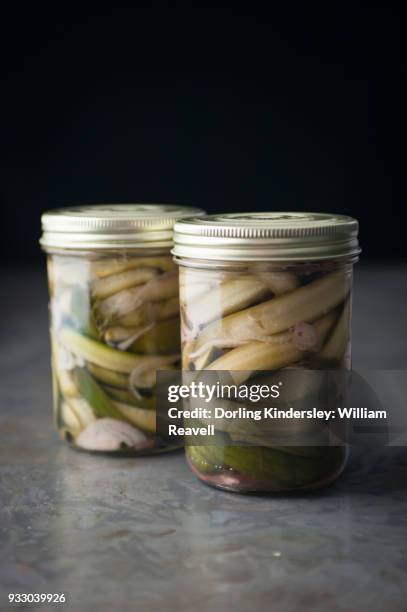 how to pickle, step 3: finished pickles in a glass jar with liquid, ready to serve - sliced pickles - fotografias e filmes do acervo