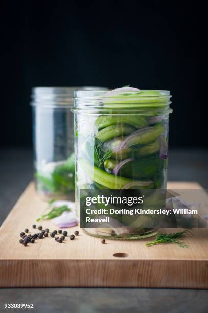 how to pickle, step 2: cucumbers are being packed into two medium-sized jars, interspersed with dill, shallot, and peppercorns - dill pickle stock pictures, royalty-free photos & images