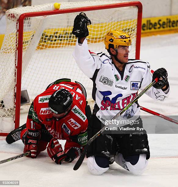 Josh Langfeld of Lions celebrates after scoring his team's seventh goal during the Deutsche Eishockey Liga game between Koelner Haie and Frankfurt...