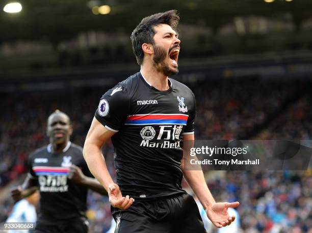 James Tomkins of Crystal Palace celebrates scoring his side's first goal during the Premier League match between Huddersfield Town and Crystal Palace...