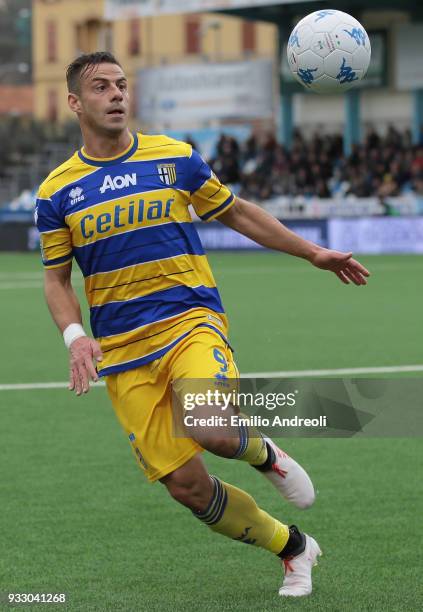 Emanuele Calaio of Parma Calcio 1913 looks the ball during the serie B match between Virtus Entella and Parma Calcio at Stadio Comunale on March 17,...