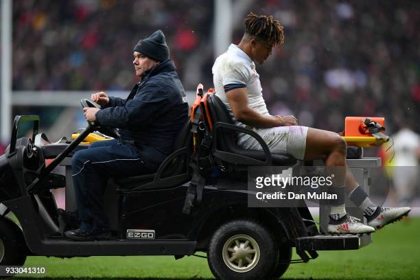 Anthony Watson of England leaves the pitch during the NatWest Six Nations match between England and Ireland at Twickenham Stadium on March 17, 2018...