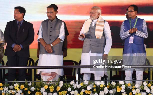 Prime Minister Narendra Modi along with Radha Mohan Singh Union Minister of Agriculture and Farmers Welfare, Meghalaya Chief Minister Conrad Sangma,...