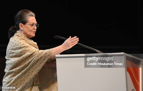 Congress party chairperson Sonia Gandhi addresses during the 84th Plenary Session of Indian National Congress at the Indira Gandhi Stadium, on March...