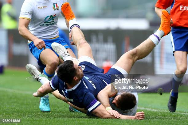 Rugby NatWest 6 Nations: Italy v Scotland Tommaso Benvenuti of Italy and Tommy Seymour of Scotland at Olimpico Stadium in Rome, Italy on March 17,...