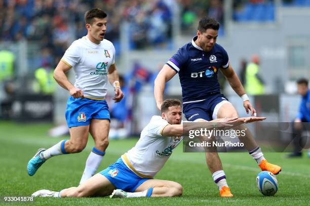 Rugby NatWest 6 Nations: Italy v Scotland Tommaso Benvenuti of Italy and Tommy Seymour of Scotland at Olimpico Stadium in Rome, Italy on March 17,...