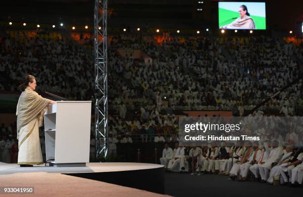 Congress party chairperson Sonia Gandhi addresses during the 84th Plenary Session of Indian National Congress at the Indira Gandhi Stadium, on March...