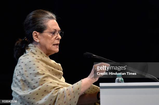 Congress party chairperson Sonia Gandhi addresses during the 84th Plenary Session of Indian National Congress at the Indira Gandhi Stadium, on March...