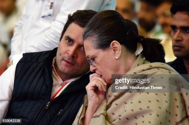 Congress President Rahul Gandhi with party chairperson Sonia Gandhi during the 84th Plenary Session of Indian National Congress at the Indira Gandhi...