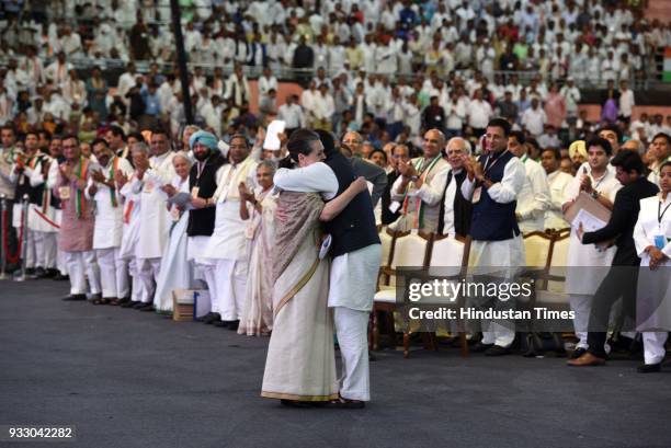 Congress President Rahul Gandhi with party chairperson Sonia Gandhi during the 84th Plenary Session of Indian National Congress at the Indira Gandhi...