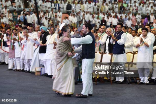 Congress President Rahul Gandhi with party chairperson Sonia Gandhi during the 84th Plenary Session of Indian National Congress at the Indira Gandhi...