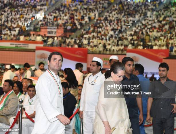 Congress president Rahul Gandhi with party chairperson Sonia Gandhi during the 84th Plenary Session of Indian National Congress at the Indira Gandhi...