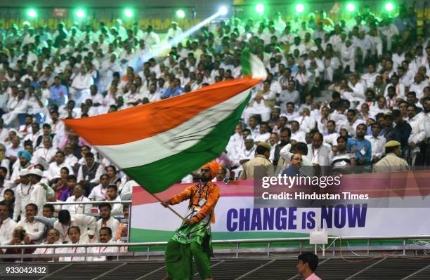 Congress leaders and workers attend the 84th Plenary Session of Indian National Congress at the Indira Gandhi Stadium, on March 17, 2018 in New...