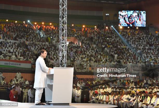 Congress president Rahul Gandhi addresses during the 84th Plenary Session of Indian National Congress at the Indira Gandhi Stadium, on March 17, 2018...