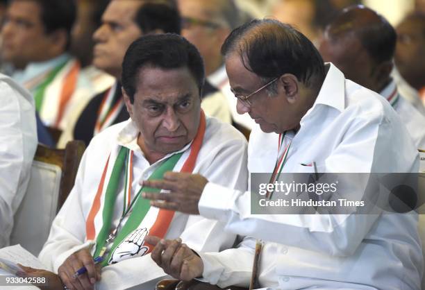 Congress leaders Kamal Nath with P Chidambaram during the 84th Plenary Session of Indian National Congress at the Indira Gandhi Stadium, on March 17,...