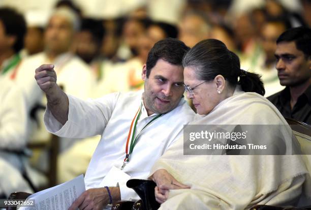 Congress president Rahul Gandhi with party chairperson Sonia Gandhi during the 84th Plenary Session of Indian National Congress at the Indira Gandhi...