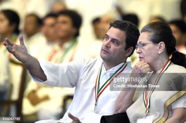 Congress president Rahul Gandhi with party chairperson Sonia Gandhi during the 84th Plenary Session of Indian National Congress at the Indira Gandhi...