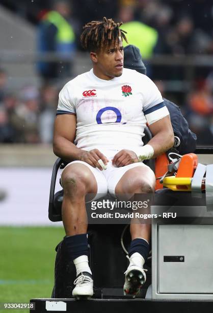Anthony Watson of England leaves the pitch due to injury during the NatWest Six Nations match between England and Ireland at Twickenham Stadium on...
