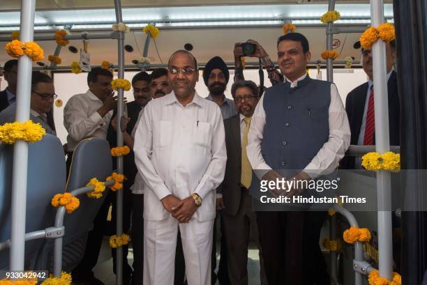 Maharashtra CM Devendra Fadnavis during the launch of 25 Hybrid buses at Sahyadri Guest house, Walkeshwar, on March 16, 2018 in Mumbai, India. These...