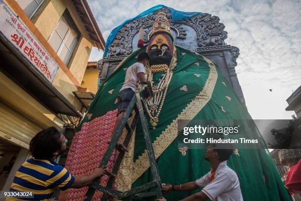 An artist gives final touches to 25 feet Tuljha bhavani idol which is made at Chandanwadi for upcoming Gudi Padwa Festival, on March 16, 2018 in...