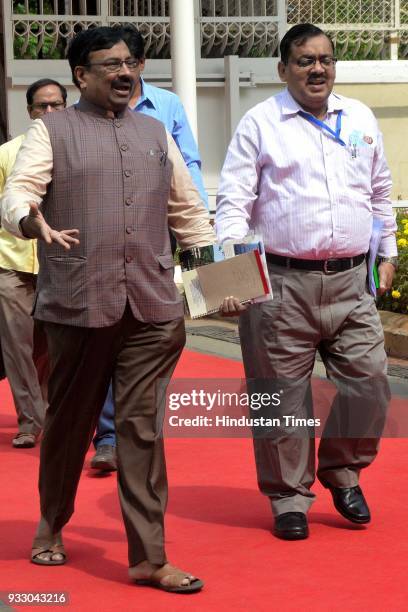 Sudhir Mungantiwar and Radheshyam Mopalwar during the budget session at Vidhan Bhavan, on March 16, 2018in Mumbai, India.