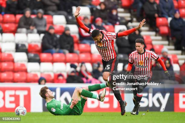 Sunderland's Jake Clarke-Salter fouls Preston's Tom Barkhuizen during the Sky Bet Championship match between Sunderland and Preston North End at...
