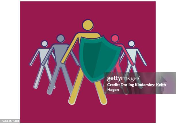 group of figures with shield - studio colour background stock illustrations