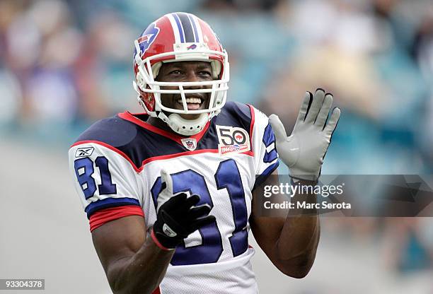 Receiver Terrell Owens of the Buffalo Bills celebrates a touchdown against the Jacksonville Jaguars at Jacksonville Municipal Stadium on November 22,...