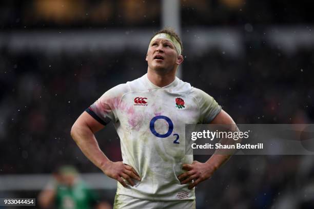 Dylan Hartley of England looks dejected during the NatWest Six Nations match between England and Ireland at Twickenham Stadium on March 17, 2018 in...