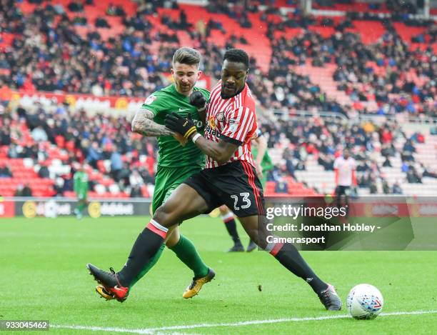 Sunderland's Lamine Kone blocks Preston's Sean Maguire during the Sky Bet Championship match between Sunderland and Preston North End at Stadium of...