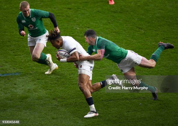 London , United Kingdom - 17 March 2018; Anthony Watson of England is tackled by Rob Kearney of Ireland during the NatWest Six Nations Rugby...