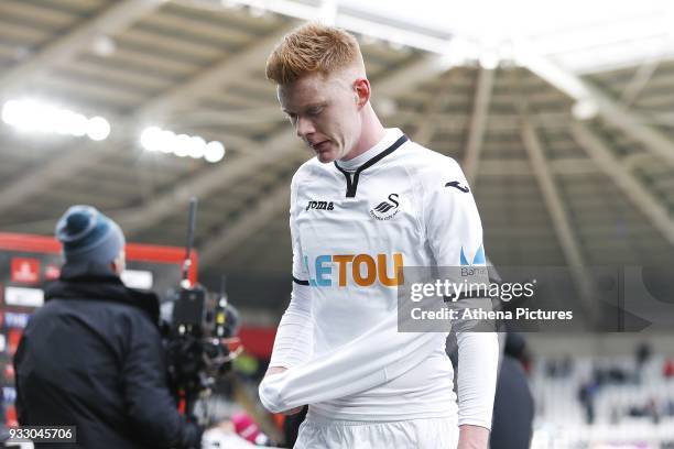 Sam Clucas of Swansea after the final whistle of the Fly Emirates FA Cup Quarter Final match between Swansea City and Tottenham Hotspur at the...