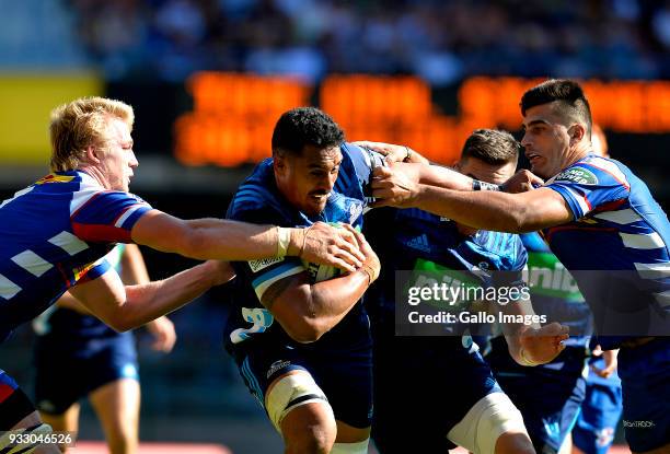 Pieter-Steph du Toit of the Stormers, Jerome Kaino of the Blues and Damian De Allende of the Stormers during the Super Rugby match between DHL...
