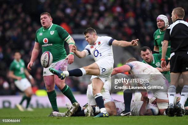 Richard Wigglesworth of England kicks the ball clear during the NatWest Six Nations match between England and Ireland at Twickenham Stadium on March...