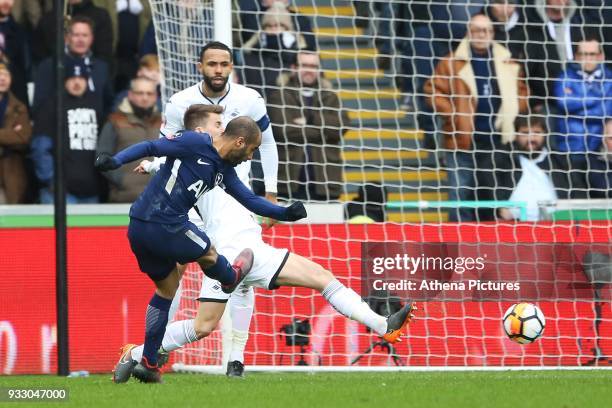 Lucas Moura of Tottenham has a shot on goal during the Fly Emirates FA Cup Quarter Final match between Swansea City and Tottenham Hotspur at the...