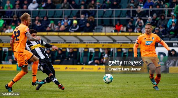 Lars Stindl of Moenchengladbach scores his teams second goal during the Bundesliga match between Borussia Moenchengladbach and TSG 1899 Hoffenheim at...