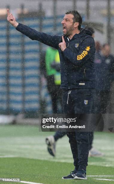 Parma Calcio 1913 coach Roberto D'Aversa issues instructions to his players during the serie B match between Virtus Entella and Parma Calcio at...