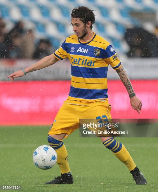 Jacopo Dezi of Parma Calcio 1913 in action during the serie B match between Virtus Entella and Parma Calcio at Stadio Comunale on March 17, 2018 in...