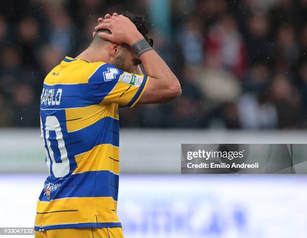 Fabio Ceravolo of Parma Calcio 1913 reacts during the serie B match between Virtus Entella and Parma Calcio at Stadio Comunale on March 17, 2018 in...