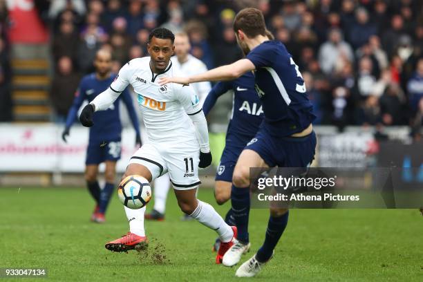 Luciano Narsingh of Swansea during the Fly Emirates FA Cup Quarter Final match between Swansea City and Tottenham Hotspur at the Liberty Stadium on...