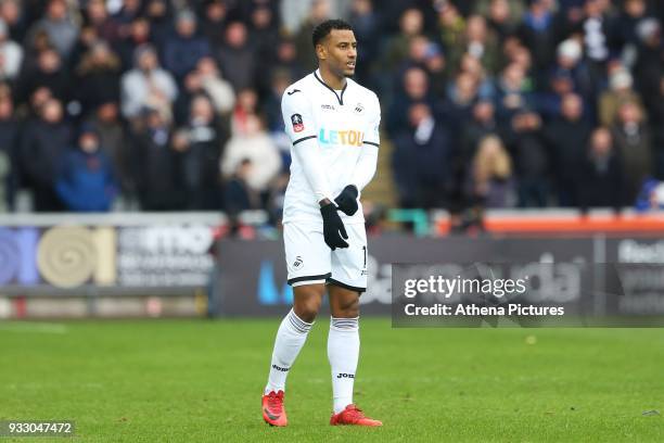 Luciano Narsingh of Swansea during the Fly Emirates FA Cup Quarter Final match between Swansea City and Tottenham Hotspur at the Liberty Stadium on...