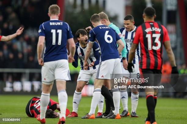 Claudio Yacob of West Bromwich Albion after his sliding tackle on Adam Smith of Bournemouth during the Premier League match between AFC Bournemouth...