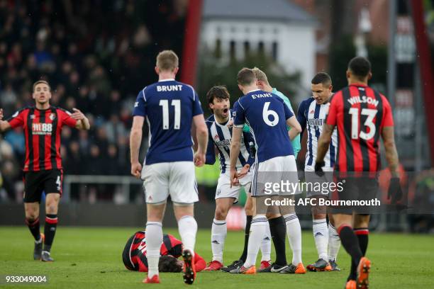 Claudio Yacob of West Bromwich Albion after his sliding tackle on Adam Smith of Bournemouth during the Premier League match between AFC Bournemouth...