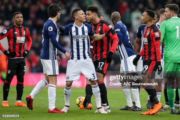 Joshua King of Bournemouth and Claudio Yacob of West Bromwich Albion have to be kept apart after Yacob's challenge on Adam Smith of Bournemouth...