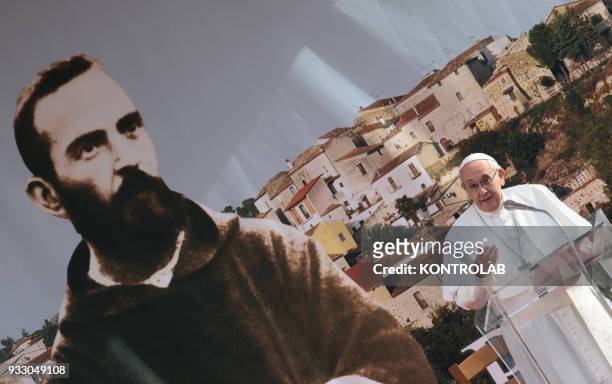 Pope Francis during his visit in the birthplace of Padre Pio, the famous Saint known for his miracles. Pope Francis waves to faithfuls during his...
